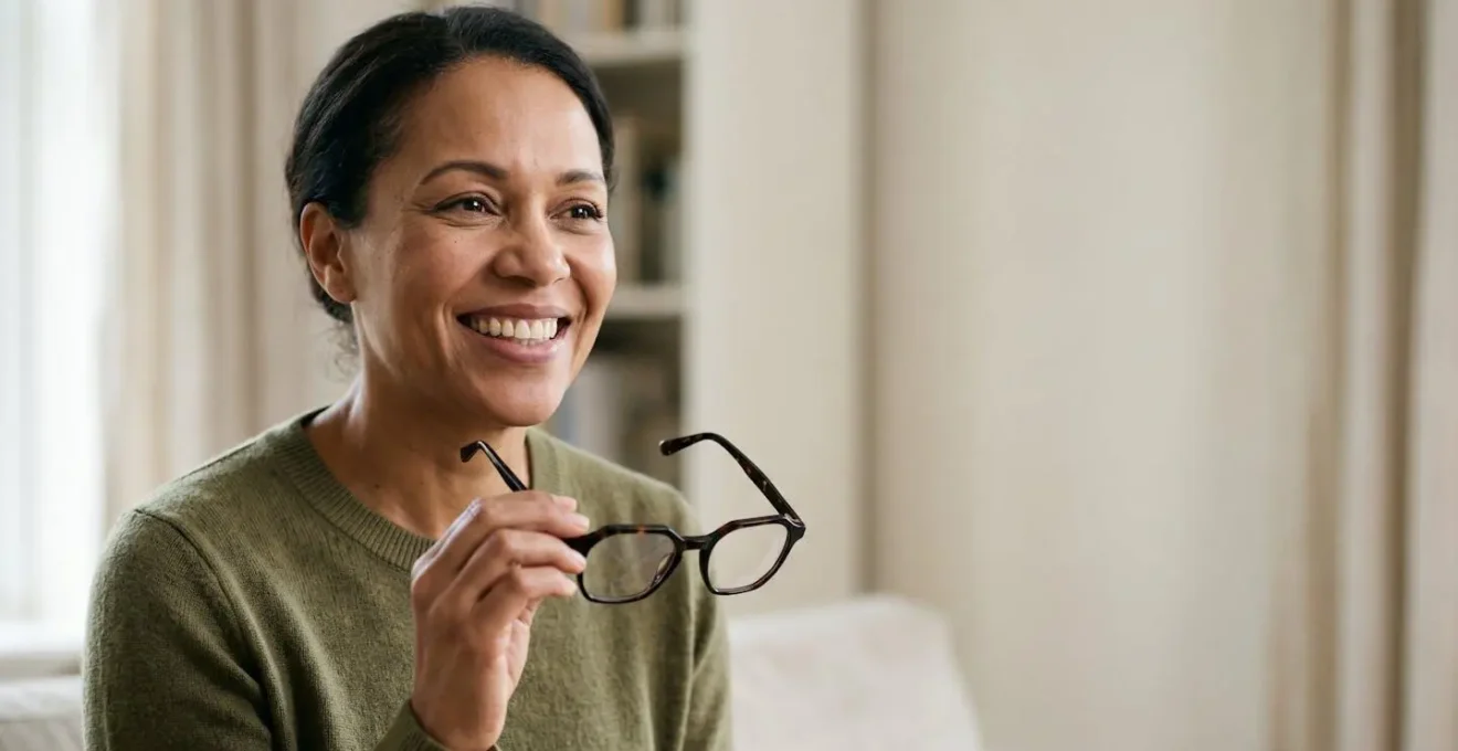 Personne souriante tenant ses lunettes neuves avec un sourire sain et confiant
