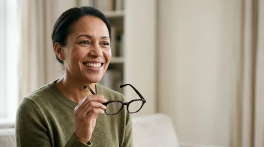 Personne souriante tenant ses lunettes neuves avec un sourire sain et confiant