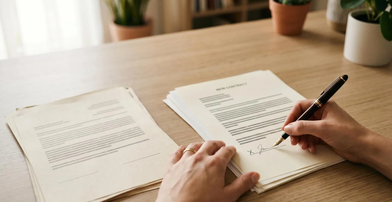 Personne signant des documents administratifs sur une table lumineuse, symbolisant la liberté de changement d'assurance emprunteur