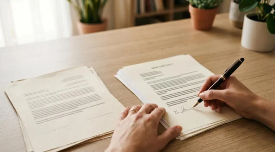 Personne signant des documents administratifs sur une table lumineuse, symbolisant la liberté de changement d'assurance emprunteur