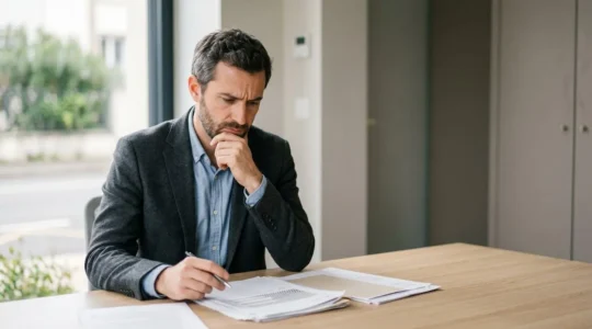 Consultant en conseil analysant des documents avec concentration dans un bureau moderne