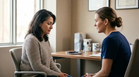 Patient consultant un médecin spécialiste dans un cabinet médical moderne, illustrant le choix entre secteur 1 et secteur 2
