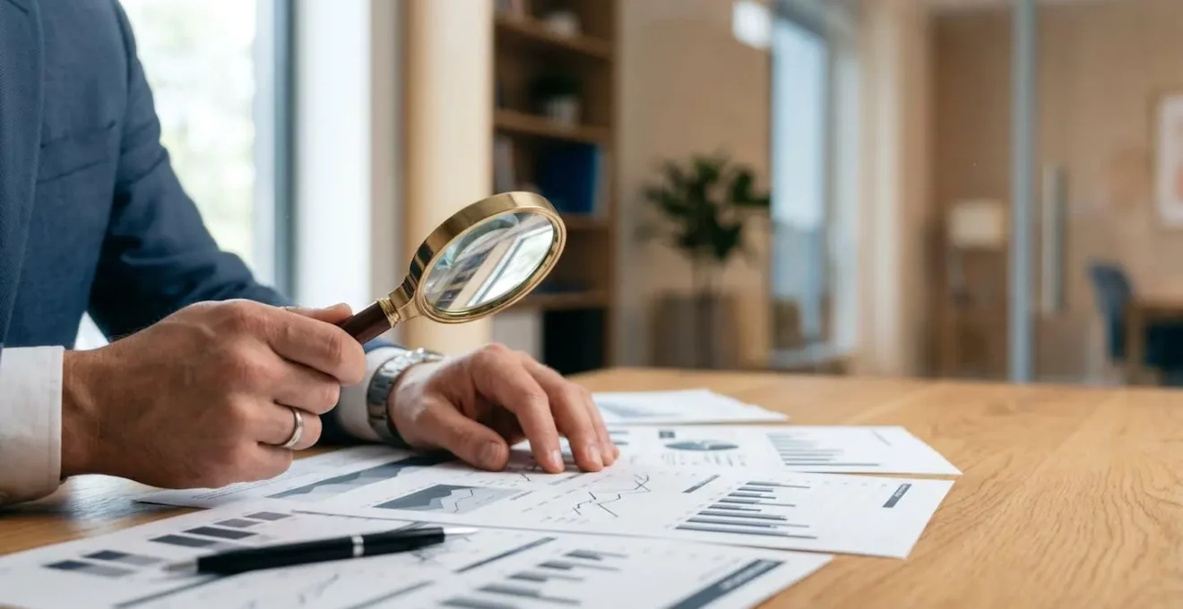 Professionnel analysant des documents financiers avec loupe pour détecter coûts cachés
