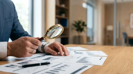 Professionnel analysant des documents financiers avec loupe pour détecter coûts cachés