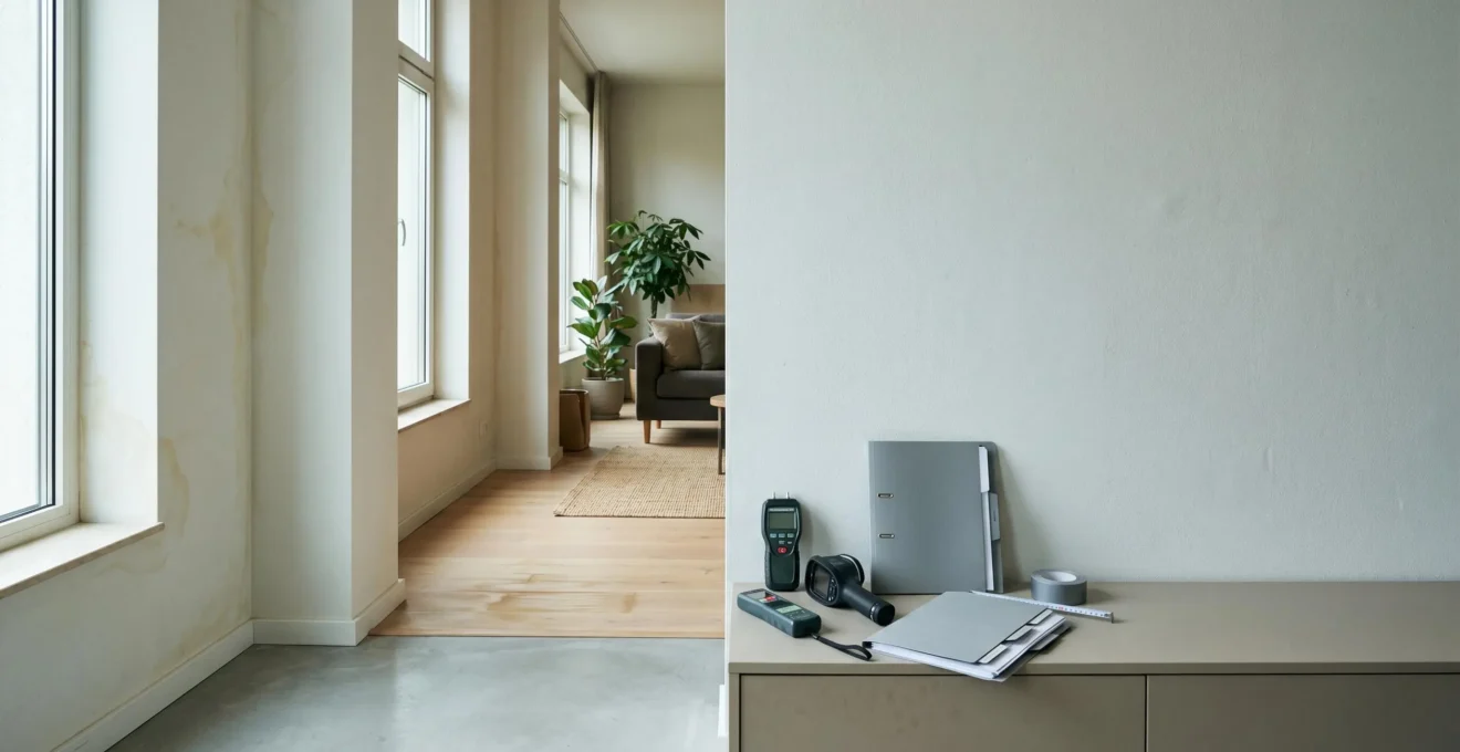 Vue d'ensemble d'un dégât des eaux dans un intérieur résidentiel avec traces d'humidité et intervention professionnelle
