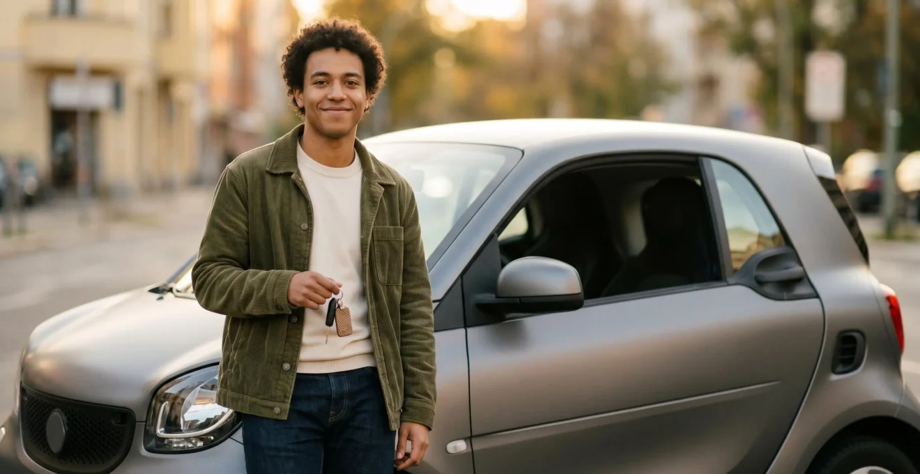 Jeune conducteur face à son véhicule symbolisant les économies sur l'assurance automobile