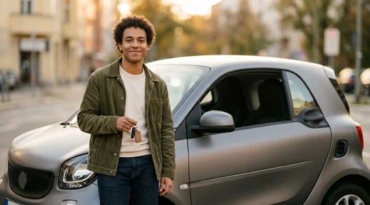 Jeune conducteur face à son véhicule symbolisant les économies sur l'assurance automobile