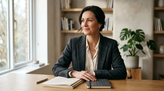 Personne signant un document d'assurance emprunteur avec confiance et sérénité dans un environnement professionnel