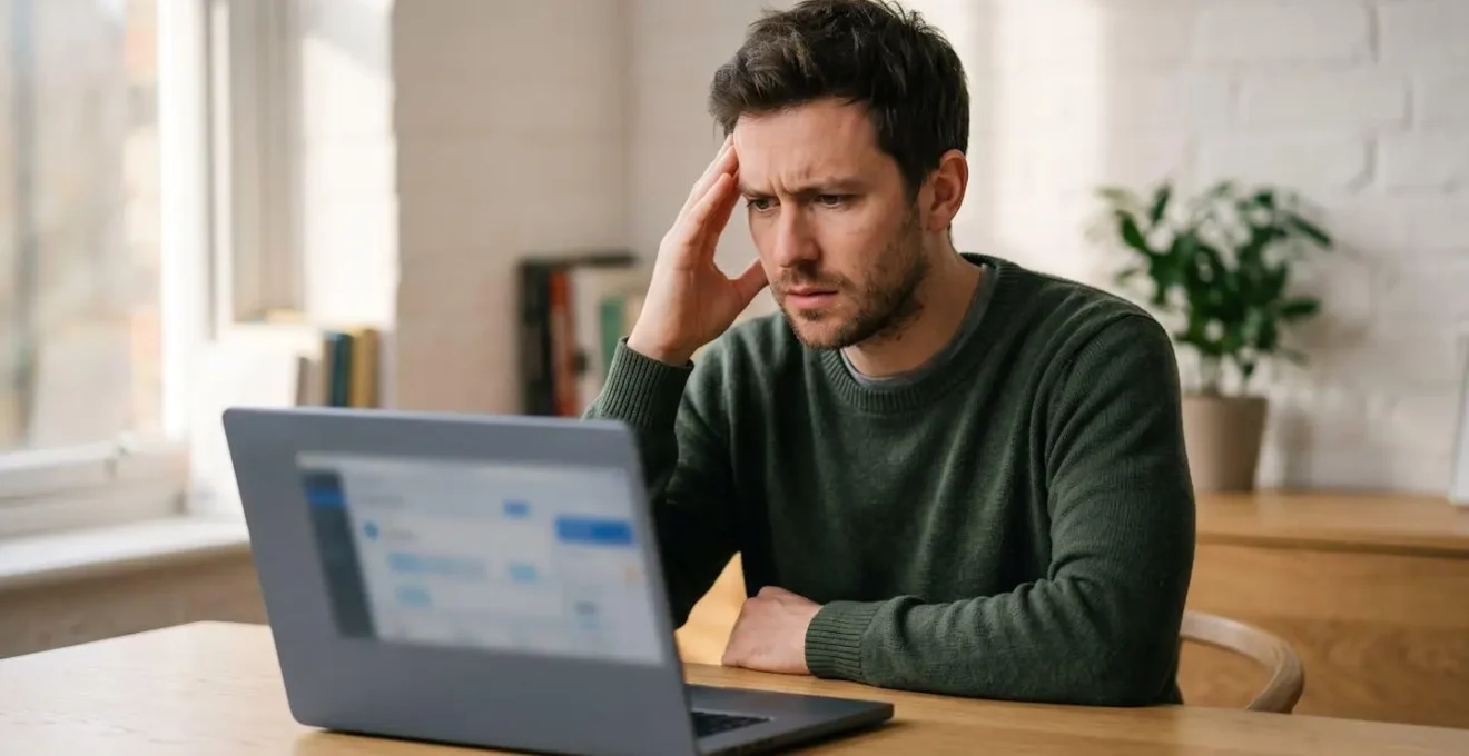 Personne consultant son compte de santé en ligne avec une expression de confusion face à un problème de remboursement