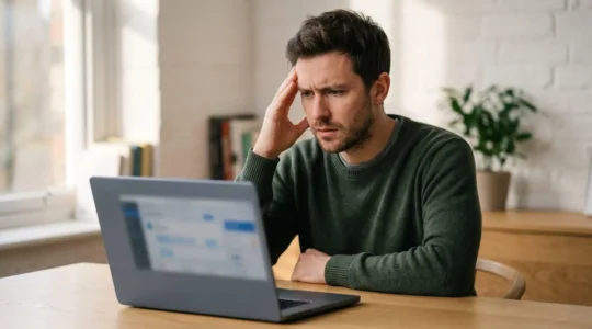 Personne consultant son compte de santé en ligne avec une expression de confusion face à un problème de remboursement