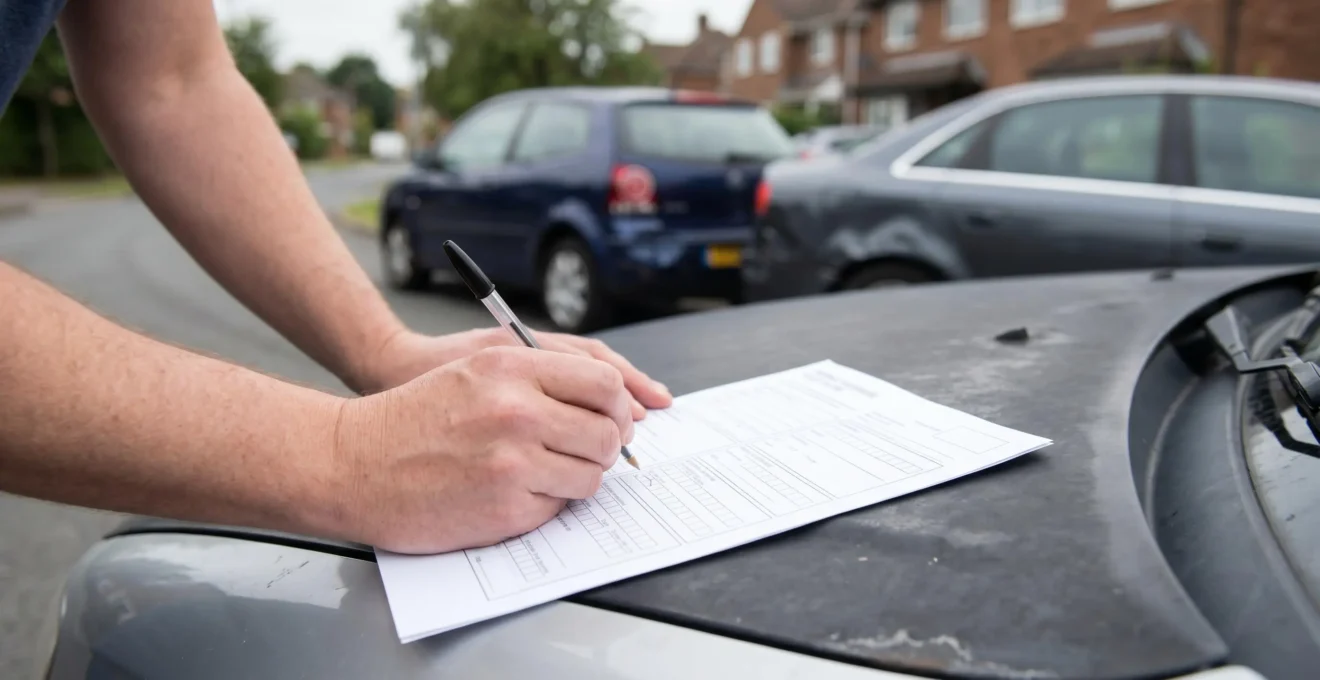 Vue rapprochée de mains tenant un formulaire de constat amiable automobile avec deux véhicules flous en arrière-plan