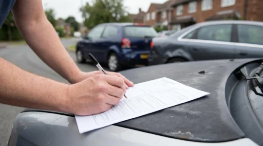 Vue rapprochée de mains tenant un formulaire de constat amiable automobile avec deux véhicules flous en arrière-plan