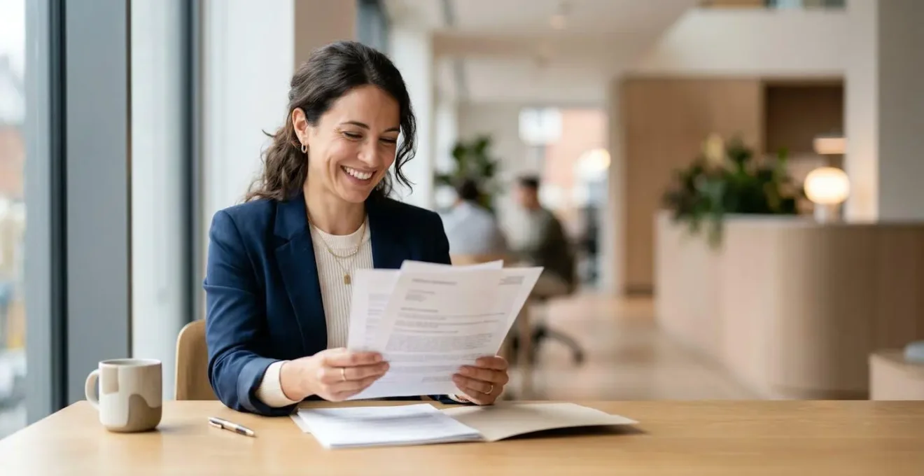 Professionnel de l'assurance consultant des documents contractuels dans un bureau moderne et lumineux