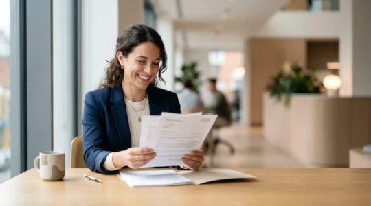 Professionnel de l'assurance consultant des documents contractuels dans un bureau moderne et lumineux