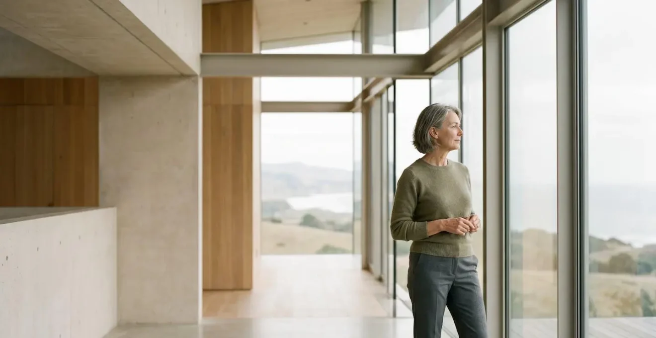 Personne de 60 ans contemplant l'horizon depuis un espace minimaliste avec lumière naturelle douce