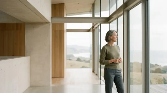 Personne de 60 ans contemplant l'horizon depuis un espace minimaliste avec lumière naturelle douce