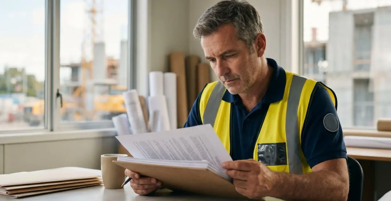 Professionnel du BTP vérifiant attentivement des documents d'assurance décennale sur un chantier de construction