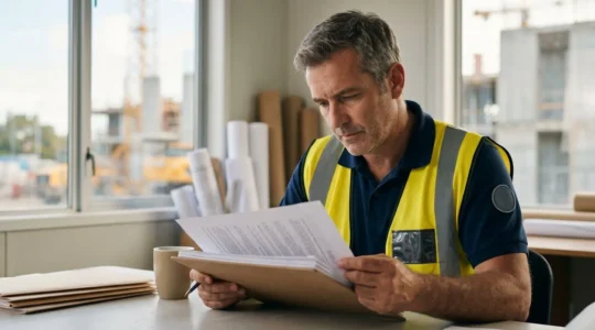 Professionnel du BTP vérifiant attentivement des documents d'assurance décennale sur un chantier de construction